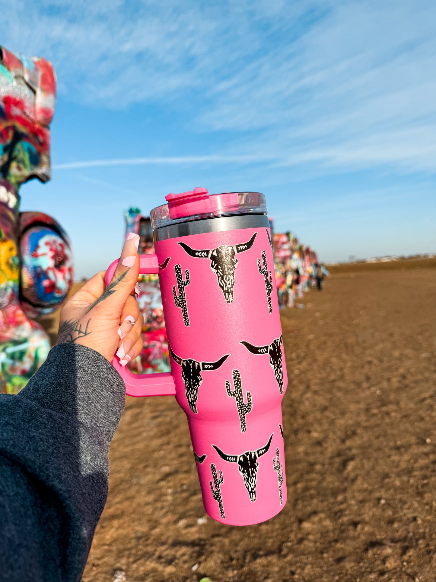 Pink Cactus & Cattle Tumbler With Straw